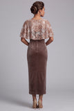 Chocolates Sheath Round Neck Velvet Sequins Long Mother of the Bride Dress with Cape