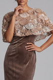 Chocolates Sheath Round Neck Velvet Sequins Long Mother of the Bride Dress with Cape
