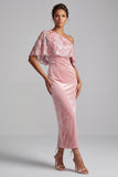 Pink Bodycon Sequins Floral One Shoulder Long Velvet Holiday Dress with Cape