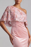 Pink Bodycon Sequins Floral One Shoulder Long Velvet Holiday Dress with Cape