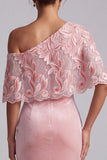 Pink Bodycon Sequins Floral One Shoulder Long Velvet Holiday Dress with Cape