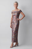 Off the Shoulder Grey Sheath Jacquard Long Mother of the Bride Dress