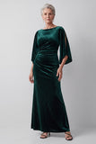 Dark Green Bateau Neck Sheath Ruched Beaded Mother of the Bride Dress with Slit Flutter Sleeves