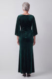 Dark Green Bateau Neck Sheath Ruched Beaded Mother of the Bride Dress with Slit Flutter Sleeves
