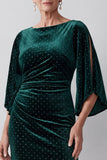 Dark Green Bateau Neck Sheath Ruched Beaded Mother of the Bride Dress with Slit Flutter Sleeves