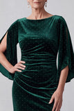 Dark Green Bateau Neck Sheath Ruched Beaded Mother of the Bride Dress with Slit Flutter Sleeves