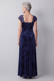 Navy Velvet Lace Cap Sleeves A-Line Long Mother of the Bride Dress