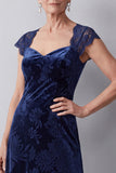 Navy Velvet Lace Cap Sleeves A-Line Long Mother of the Bride Dress