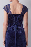 Navy Velvet Lace Cap Sleeves A-Line Long Mother of the Bride Dress