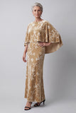 Champagne Velvet Bateau Neck Floral Printed Long Mother of the Bride Dress with Cape