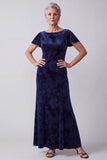 Navy Bateau Neck Velvet Floral Flutter Sleeves Long Mother of the Bride Dress