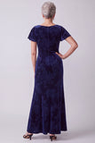 Navy Bateau Neck Velvet Floral Flutter Sleeves Long Mother of the Bride Dress