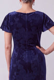 Navy Bateau Neck Velvet Floral Flutter Sleeves Long Mother of the Bride Dress