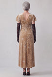 Champagne V-Neck Ruched Sheath Long Mother of the Bride Dress with Ruffle Flutter Sleeves