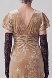 Champagne V-Neck Ruched Sheath Long Mother of the Bride Dress with Ruffle Flutter Sleeves