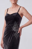 Black Velvet Embroidery Sequins Ruched Bateau Neck Mother of the Bride Dress with Chiffon Cape