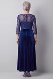 Dark Blue Illusion Round Neck Velvet Sequins Embroidery Long Mother of the Bride Dress