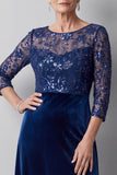Dark Blue Illusion Round Neck Velvet Sequins Embroidery Long Mother of the Bride Dress