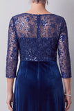 Dark Blue Illusion Round Neck Velvet Sequins Embroidery Long Mother of the Bride Dress