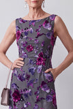 Fuchsia Velvet Sheath Satin Rhinestone Floral Midi Mother of the Bride Dress with Cape