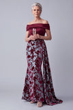 Off the Shoulder Burgundy Velvet Mermaid Ruched Floral Mother of the Bride Dress with Draping
