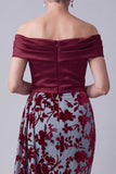 Off the Shoulder Burgundy Velvet Mermaid Ruched Floral Mother of the Bride Dress with Draping