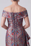 Grey Off the Shoulder Jacquard Ruched Sheath Mother of the Bride Dress with Draping