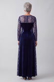 Navy Illusion Round Neck Embroidery Velvet A-Line Sequins Mother of the Bride Dress