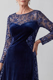 Navy Illusion Round Neck Embroidery Velvet A-Line Sequins Mother of the Bride Dress