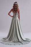 Sage Green Satin Pearls Corset Floral Embroidery Sheath Strapless Maxi Pageant Dress with Draping