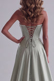 Sage Green Satin Pearls Corset Floral Embroidery Sheath Strapless Maxi Pageant Dress with Draping