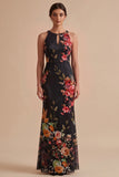 Black Printed Sheath Halter Keyhole Maxi Wedding Guest Dress