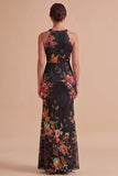 Black Printed Sheath Halter Keyhole Maxi Wedding Guest Dress