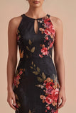 Black Printed Sheath Halter Keyhole Maxi Wedding Guest Dress