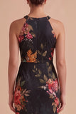 Black Printed Sheath Halter Keyhole Maxi Wedding Guest Dress