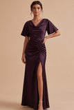 Plum Sheath Cowl Ruched Satin Maxi Wedding Guest Dress with Side Slit