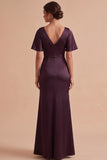 Plum Sheath Cowl Ruched Satin Maxi Wedding Guest Dress with Side Slit