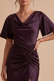 Plum Sheath Cowl Ruched Satin Maxi Wedding Guest Dress with Side Slit
