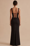 Black Sheath Square Neck Ruched Maxi Wedding Guest Dress