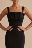 Black Sheath Square Neck Ruched Maxi Wedding Guest Dress