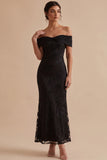 Black Sheath Off the Shoulder Embroidered Maxi Wedding Guest Dress