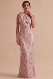 Pink Sheath One Shoulder Sequins Embroidered Maxi Wedding Guest Dress with Bow