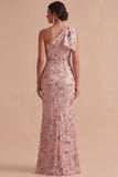Pink Sheath One Shoulder Sequins Embroidered Maxi Wedding Guest Dress with Bow
