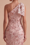 Pink Sheath One Shoulder Sequins Embroidered Maxi Wedding Guest Dress with Bow