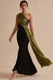 Black and Olive Mermaid One Shoulder Maxi Wedding Guest Dress with Bow