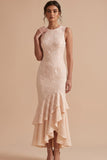 Champagne Mermaid Round Neck Embroidery High-Low Wedding Guest Dress with Tiered Ruffle