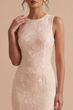 Champagne Mermaid Round Neck Embroidery High-Low Wedding Guest Dress with Tiered Ruffle