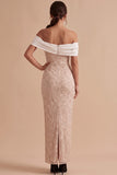 White and Pink Sheath Off the Shoulder Floral Embroidery Maxi Wedding Guest Dress