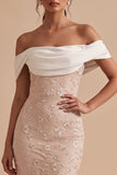 White and Pink Sheath Off the Shoulder Floral Embroidery Maxi Wedding Guest Dress