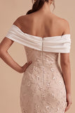 White and Pink Sheath Off the Shoulder Floral Embroidery Maxi Wedding Guest Dress